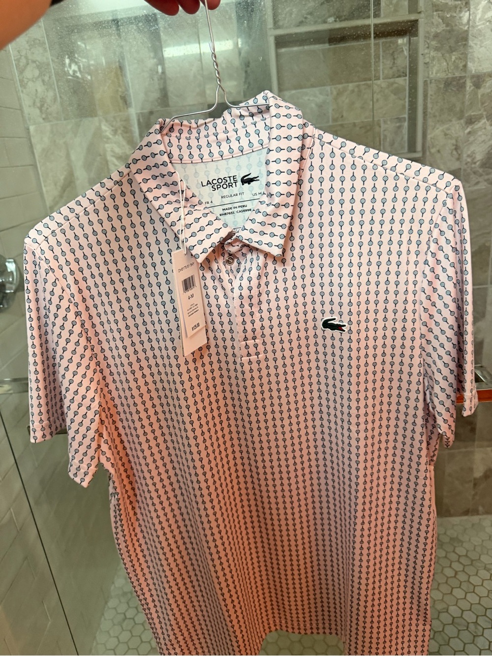Lacoste Men’s Light Pink Polo with Navy Geometric Print